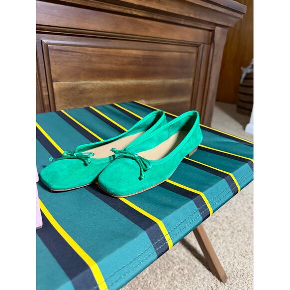 Ann Mashburn Green Suede Square Toed Ballet Flats Bow Women's 37.5 NIB - Picture 1 of 8